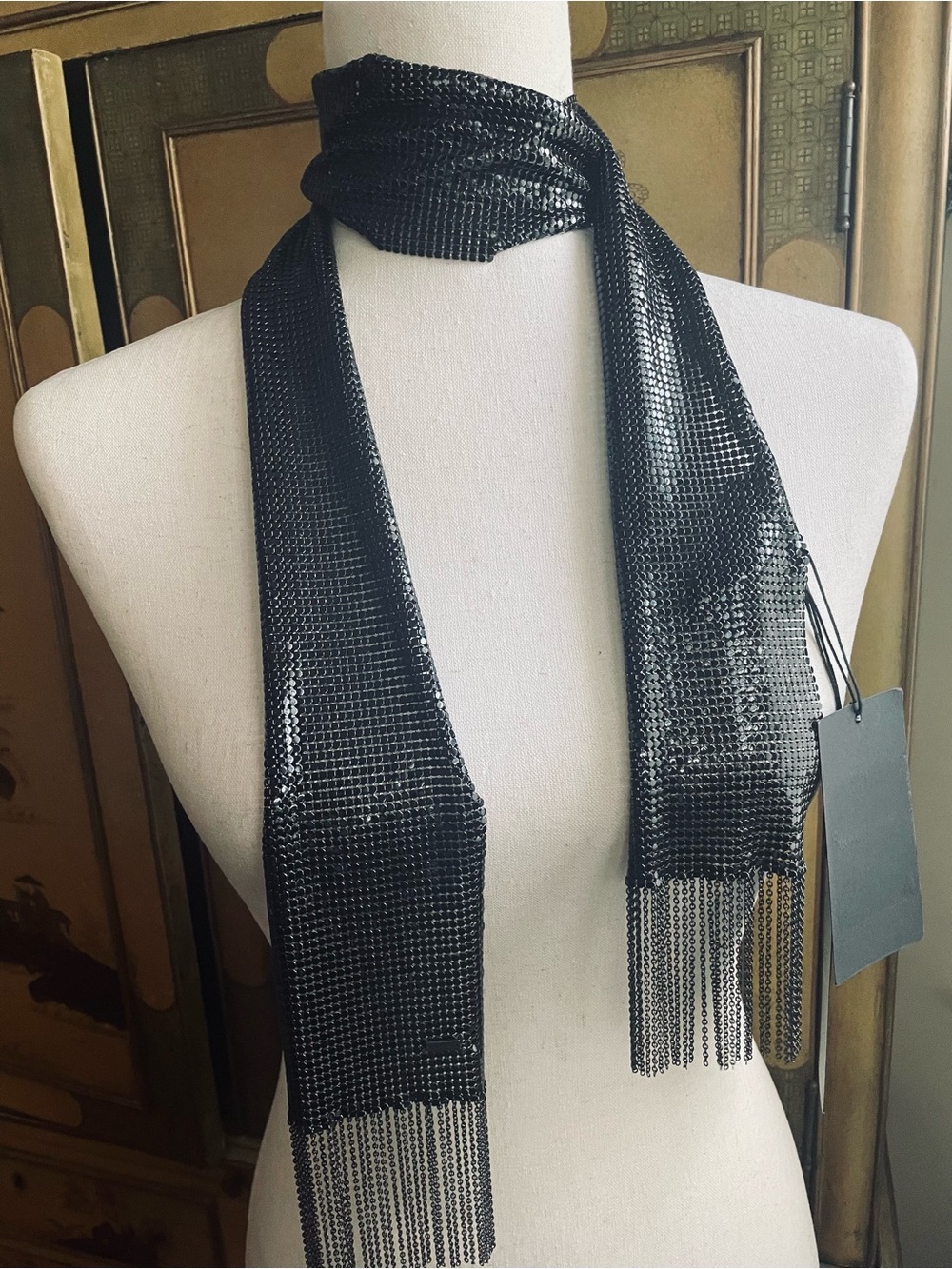 NEW SAINT LAURENT YSL Black Chainmail Metal Mesh Scarf Necklace Fringe Kate Moss